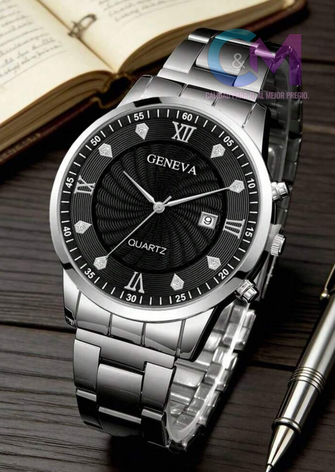 RELOJ GENEVA CON PALABRA QUARTZ PANTALLA COLOR NEGRO Y NUMERO ROMANOS 